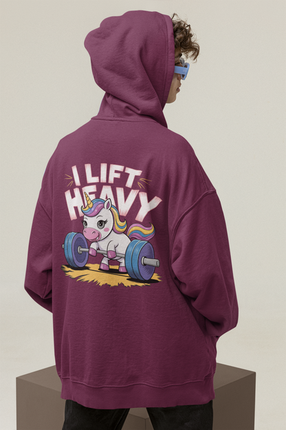 Beidseitig bedruckter Hoodie - Einhorn beim Gewichtheben mit Spruch 'I Lift Heavy' - Premium Unisex Hoodie