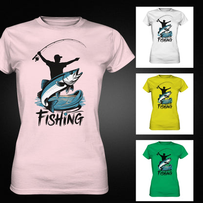 Damen Angler T-Shirt - Stylisches Design mit Angelmotiv & 'Fishing' Spruch - Ladies Premium Shirt