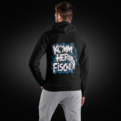 Beidseitig Bedruckter Hoodie - Anglerbekleidung mit Fischmotiv und Spruch: 'Komm her Fischi'  - Premium Unisex Hoodie