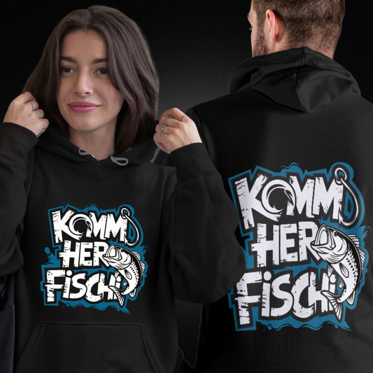 Beidseitig Bedruckter Hoodie - Anglerbekleidung mit Fischmotiv und Spruch: 'Komm her Fischi'  - Premium Unisex Hoodie