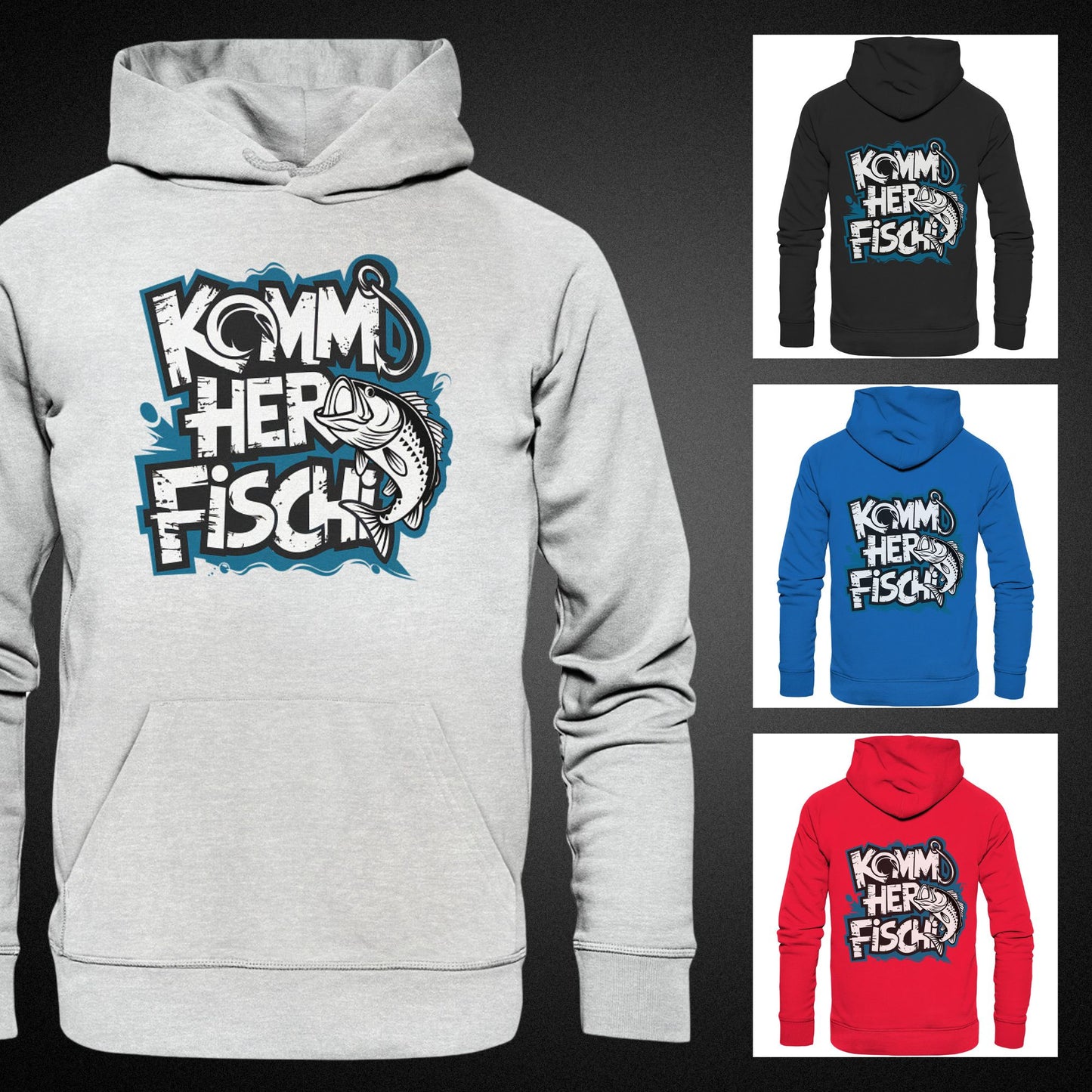 Beidseitig Bedruckter Hoodie - Anglerbekleidung mit Fischmotiv und Spruch: 'Komm her Fischi'  - Premium Unisex Hoodie