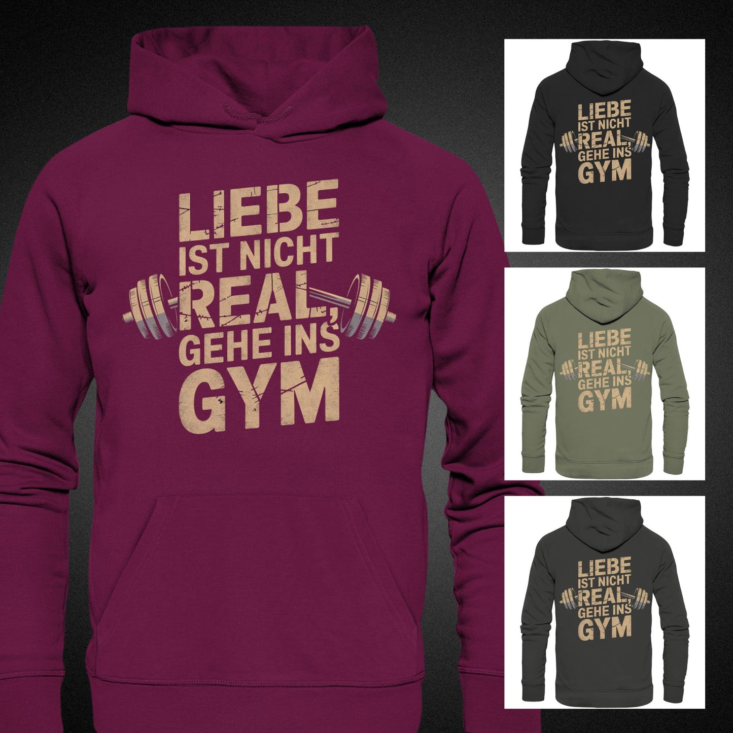 Hoodie mit Hantel-Motiv und Spruch 'Liebe ist nicht real, gehe ins Gym' - Gym Lover's Fashion - Premium Unisex Hoodie