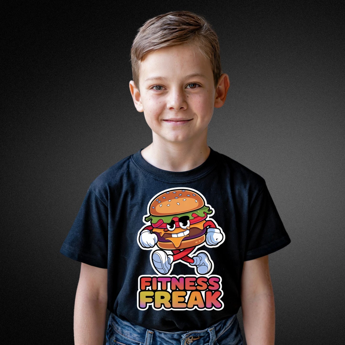 Kinder T-Shirt – Fitness Freak mit lustigem Laufenden Hamburger - Kids Premium Shirt