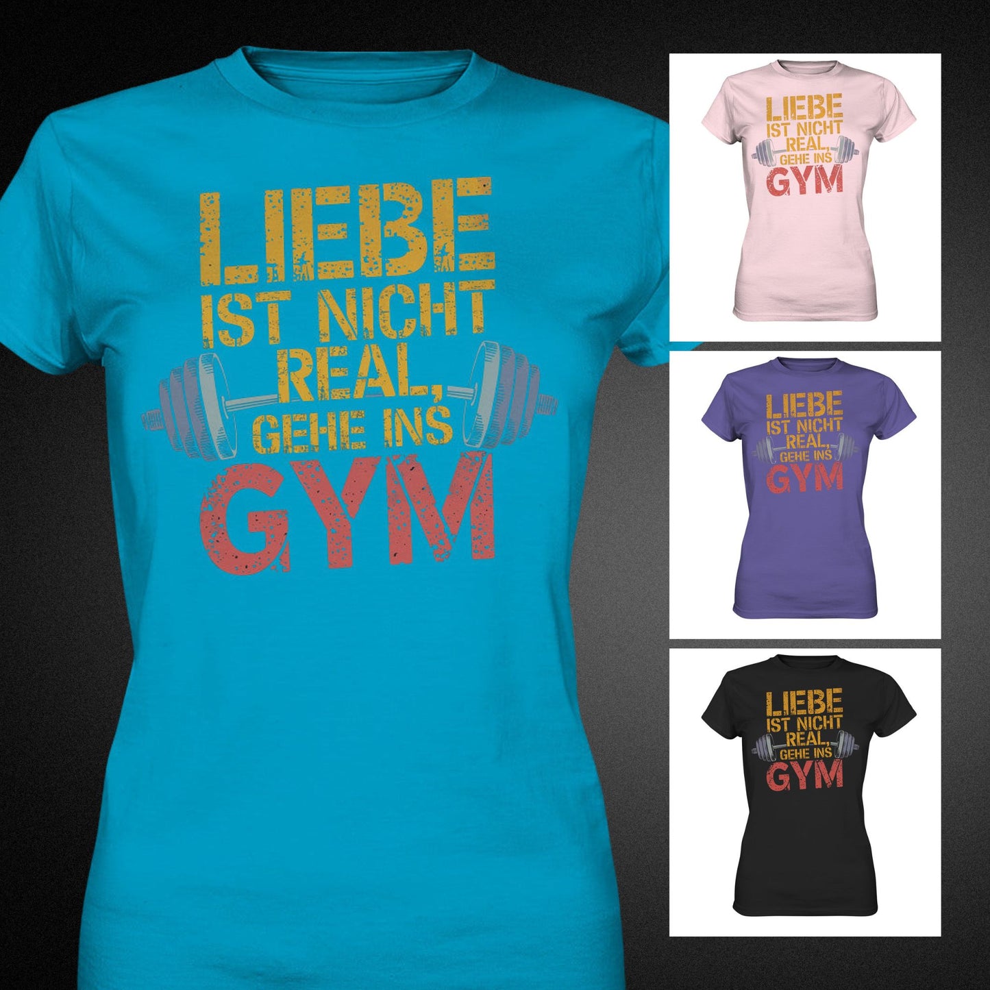 Damen Shirt mit Hantel-Motiv und Spruch: 'Liebe ist nicht real, gehe ins Gym' - Ladies Premium Shirt