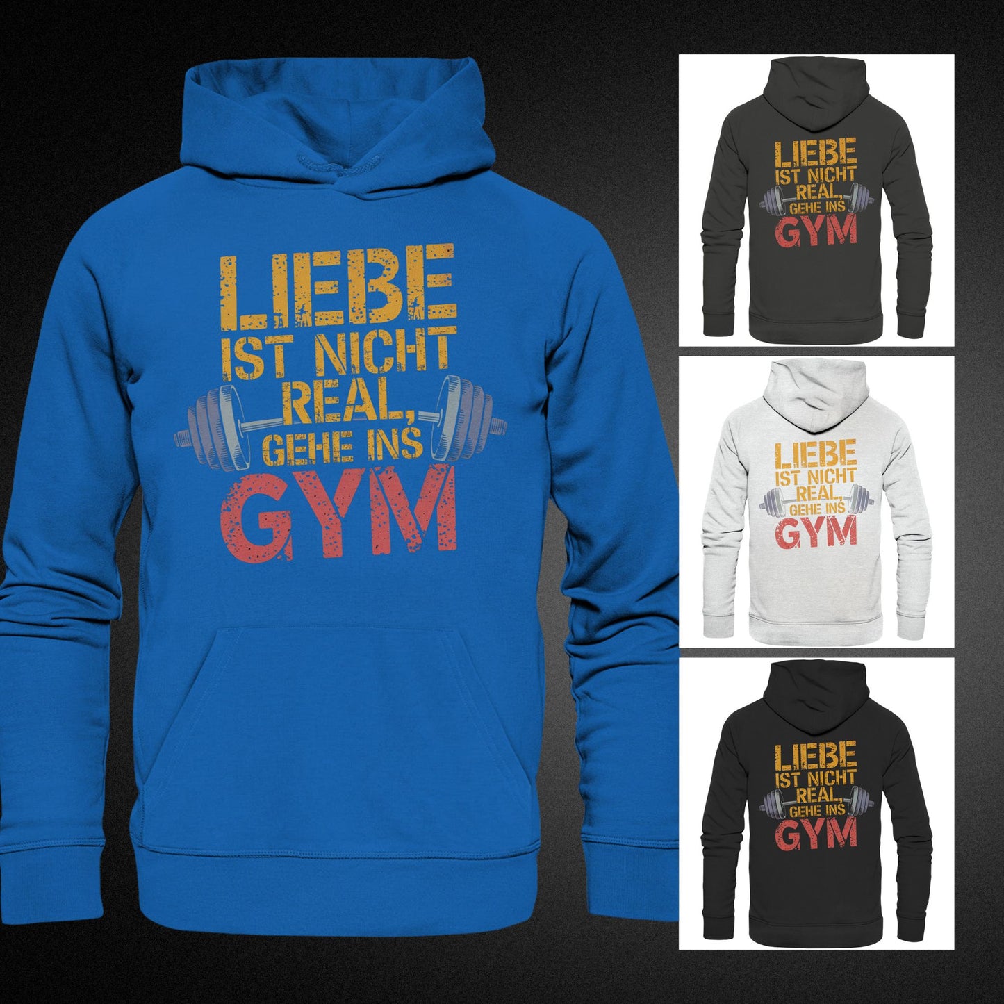 Trendiger Hoodie - Beidseitig Bedruckt mit Hantel und Motiv: 'Liebe ist nicht real, gehe ins Gym' - Premium Unisex Hoodie