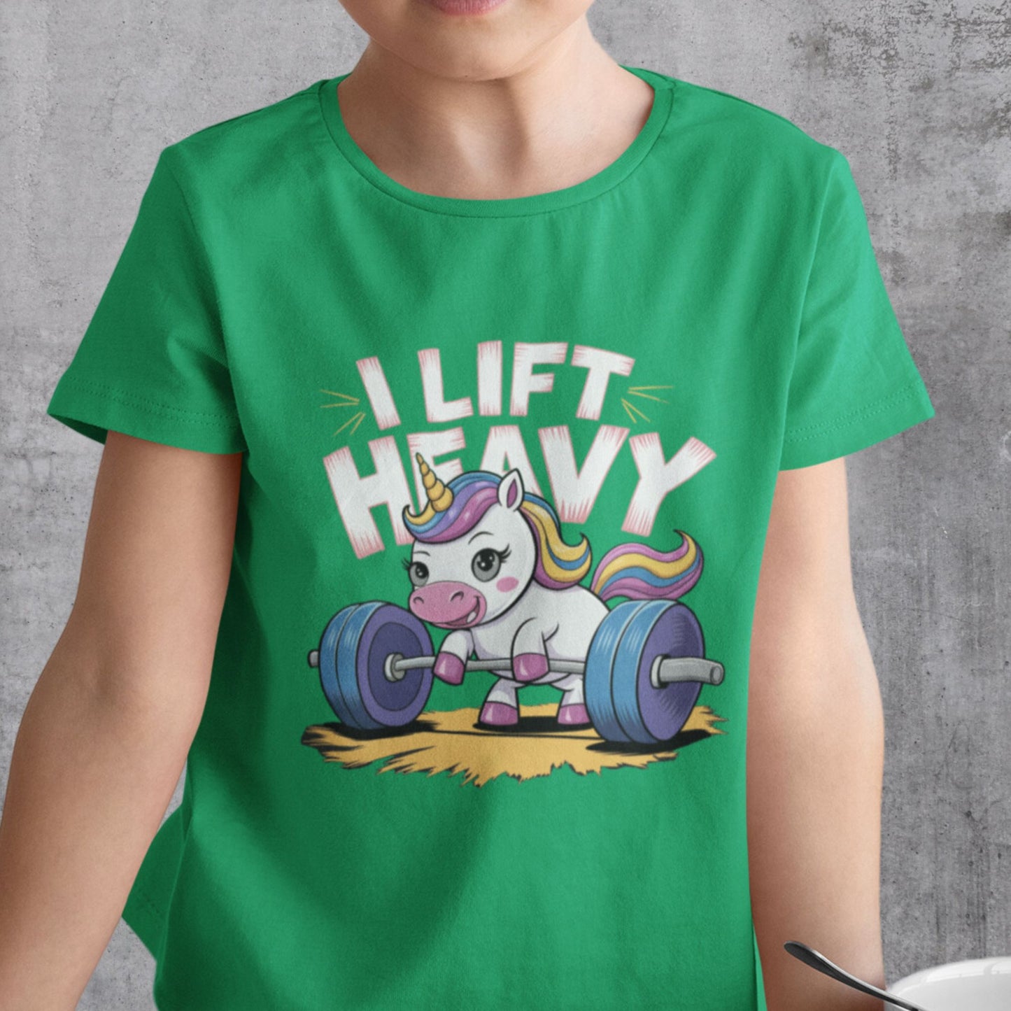 Kinder T-Shirt 'I Lift Heavy' mit Einhorn-Motiv beim Gewichtheben - Kids Premium Shirt