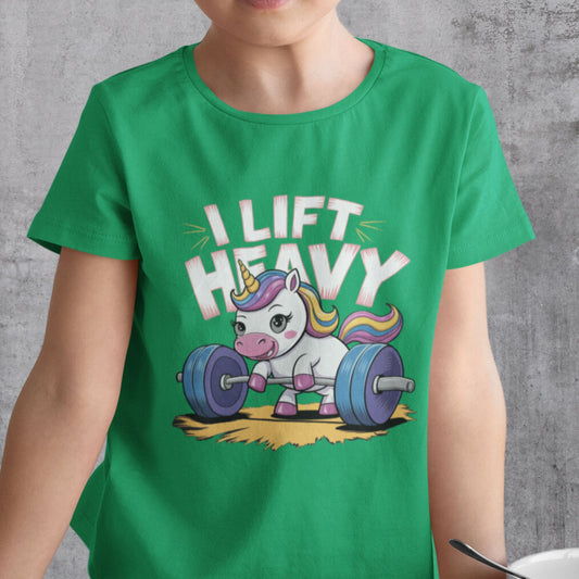 Kinder T-Shirt 'I Lift Heavy' mit Einhorn-Motiv beim Gewichtheben - Kids Premium Shirt