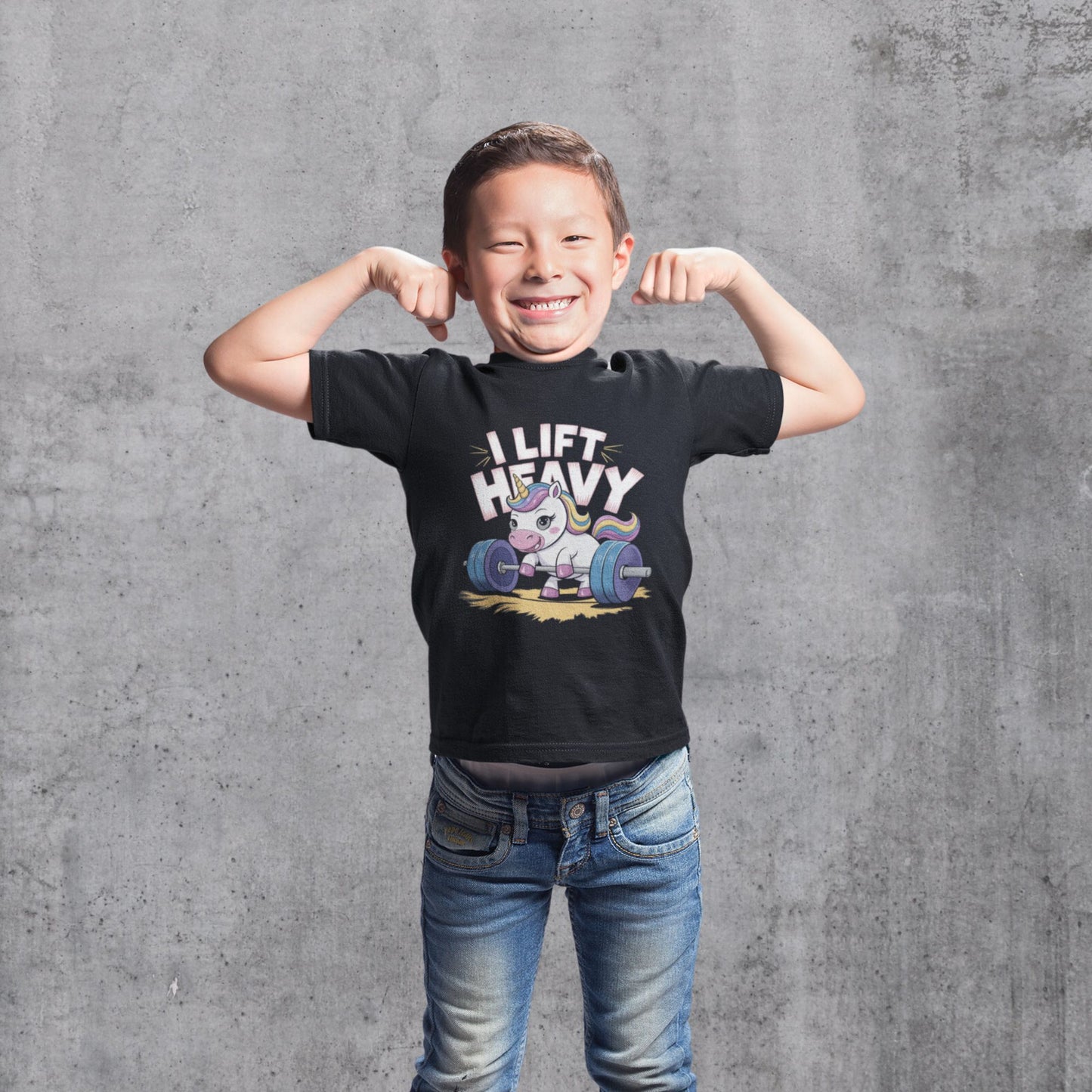 Kinder T-Shirt 'I Lift Heavy' mit Einhorn-Motiv beim Gewichtheben - Kids Premium Shirt