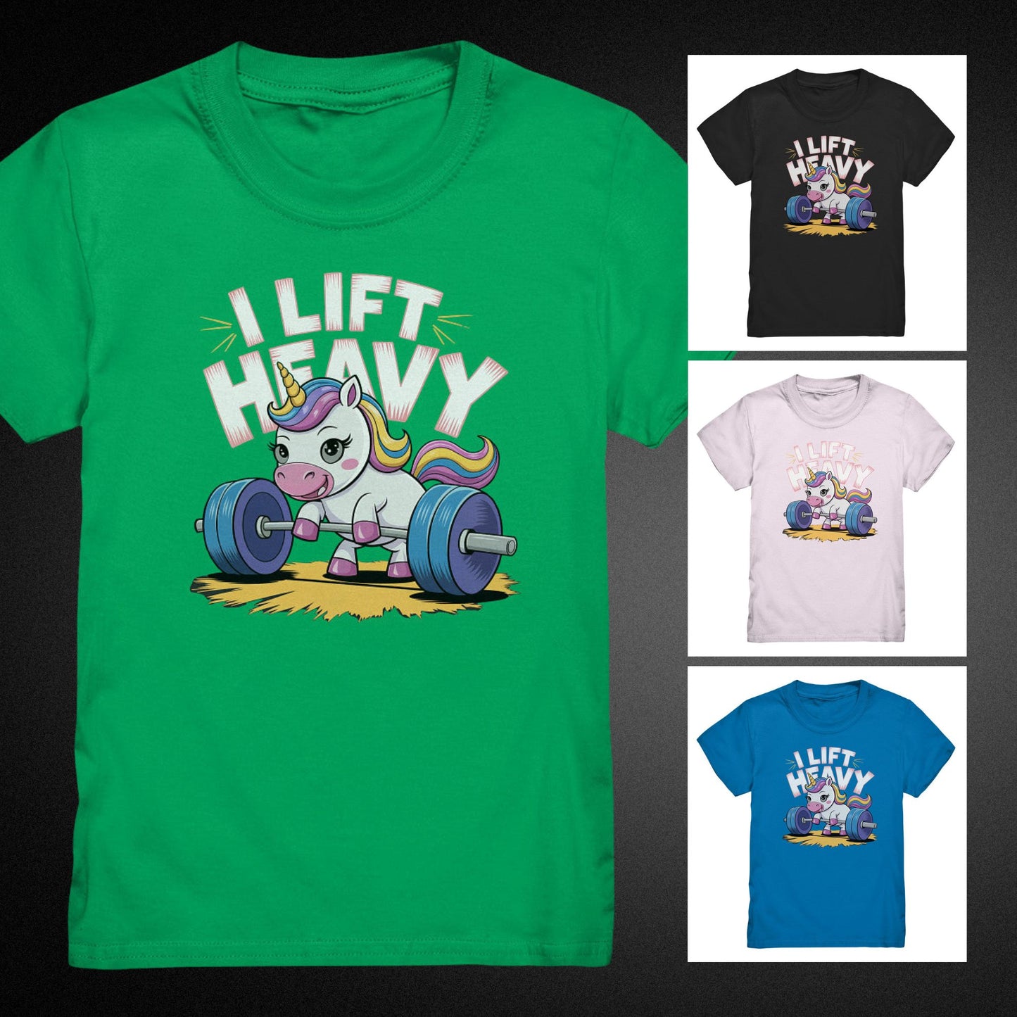 Kinder T-Shirt 'I Lift Heavy' mit Einhorn-Motiv beim Gewichtheben - Kids Premium Shirt