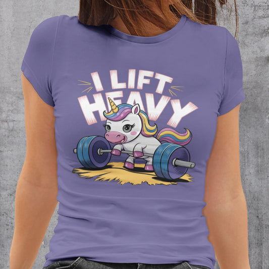 Lustiges Damen T-Shirt: Einhorn beim Gewichtheben - 'I Lift Heavy' - Ladies Premium Shirt