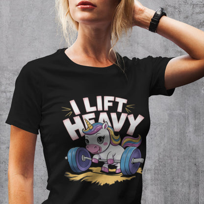 Lustiges Damen T-Shirt: Einhorn beim Gewichtheben - 'I Lift Heavy' - Ladies Premium Shirt