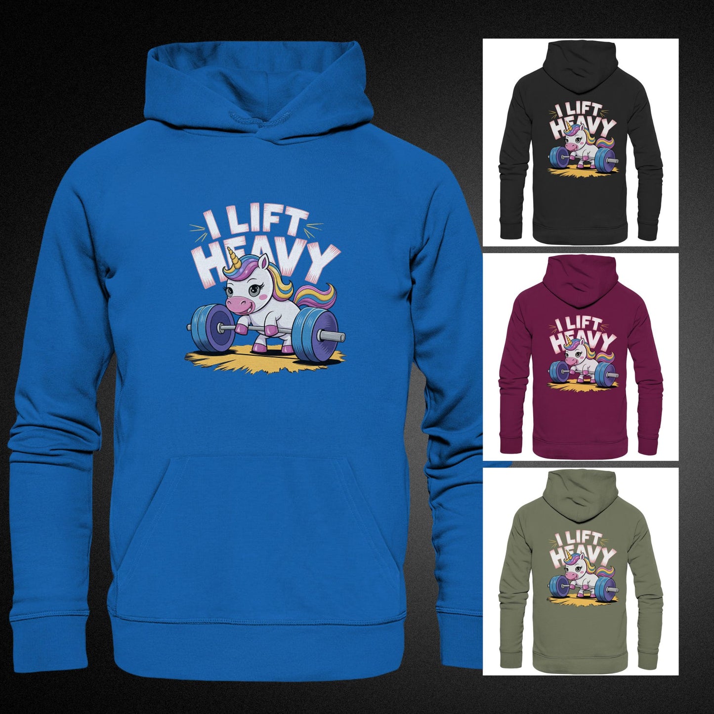 Beidseitig bedruckter Hoodie - Einhorn beim Gewichtheben mit Spruch 'I Lift Heavy' - Premium Unisex Hoodie