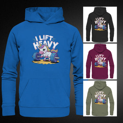 Beidseitig bedruckter Hoodie - Einhorn beim Gewichtheben mit Spruch 'I Lift Heavy' - Premium Unisex Hoodie