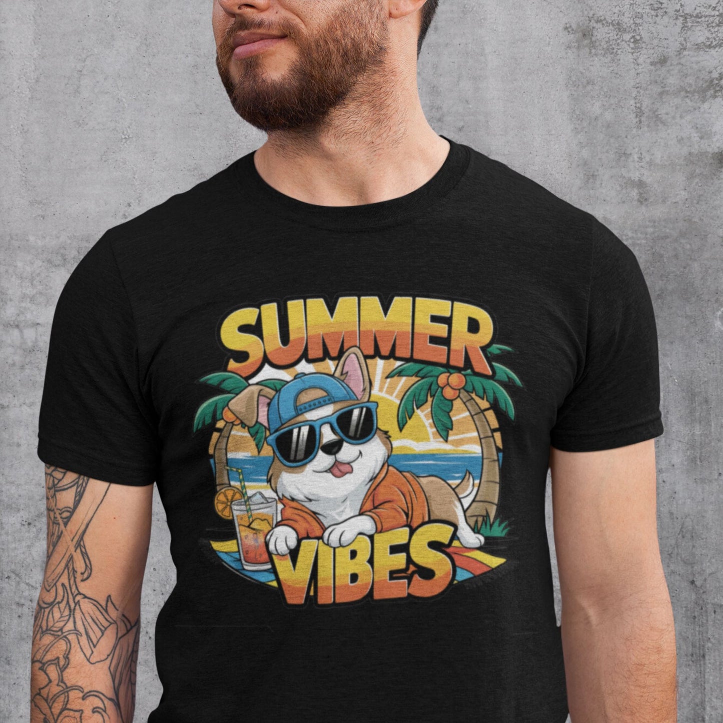 Sommerliches Cartoon-T-Shirt mit coolem Hund Summer Vibes - Premium Shirt