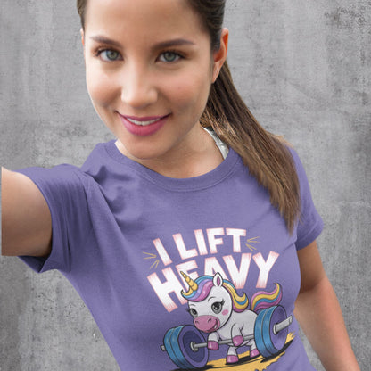 Lustiges Damen T-Shirt: Einhorn beim Gewichtheben - 'I Lift Heavy' - Ladies Premium Shirt