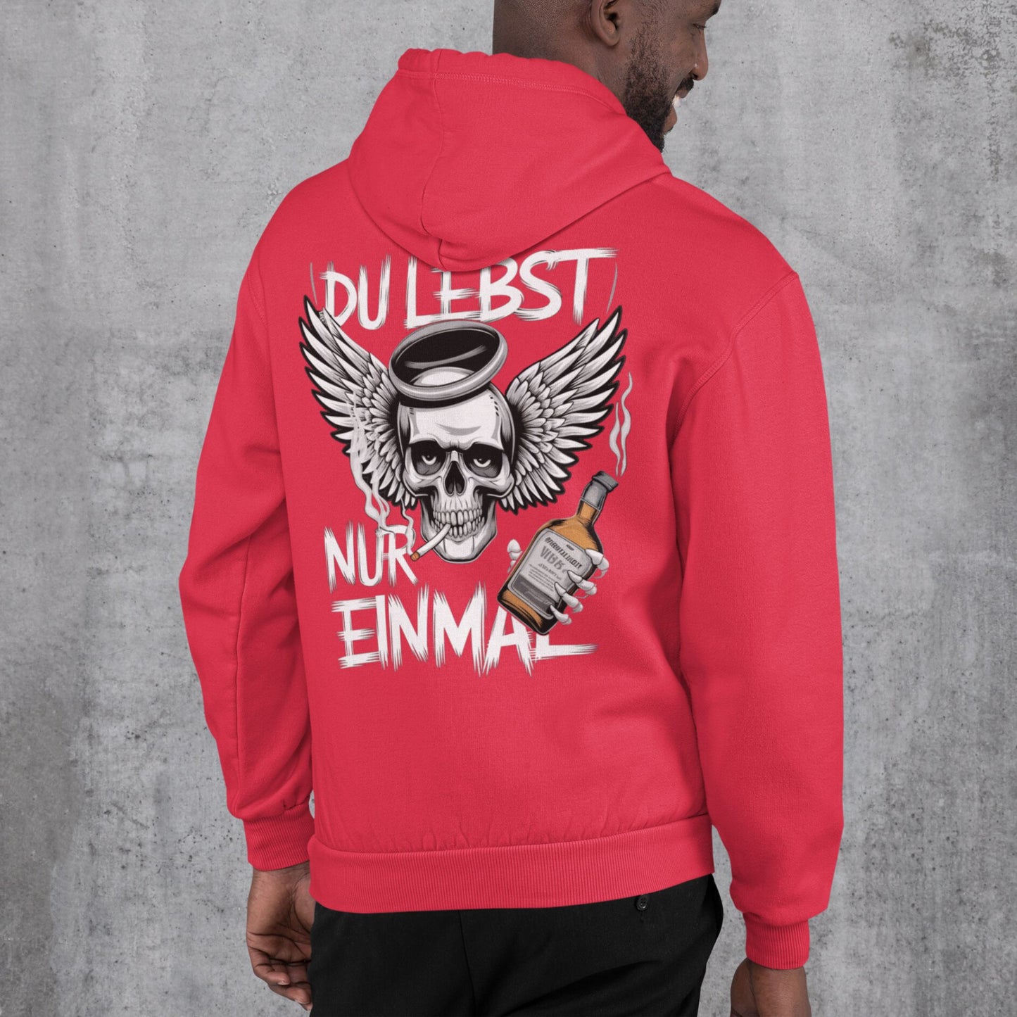 YOLO Statement Hoodie: Du lebst nur einmal mit rauchendem Totenkopf, Flügeln, Zigarette und Alkohol - Premium Unisex Hoodie