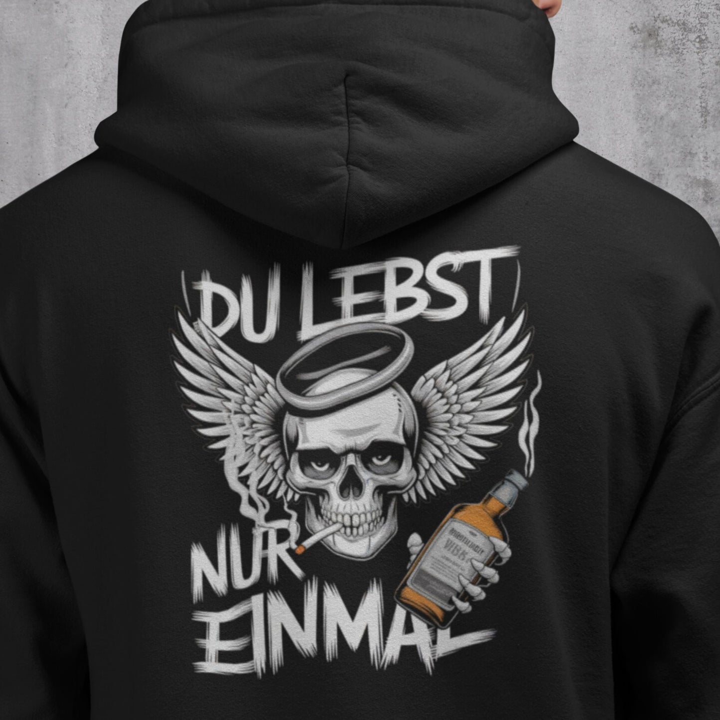 YOLO Statement Hoodie: Du lebst nur einmal mit rauchendem Totenkopf, Flügeln, Zigarette und Alkohol - Premium Unisex Hoodie