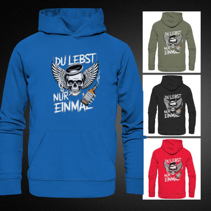 YOLO Statement Hoodie: Du lebst nur einmal mit rauchendem Totenkopf, Flügeln, Zigarette und Alkohol - Premium Unisex Hoodie