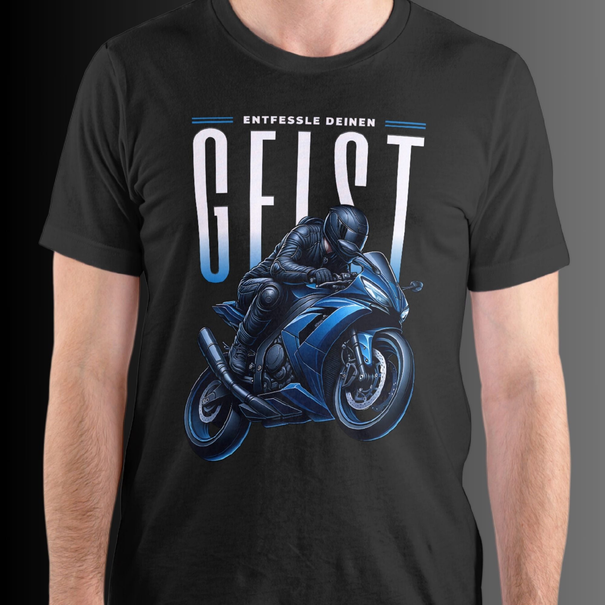 entfessle-deinen-geist-blaues-motorrad-premium-shirt