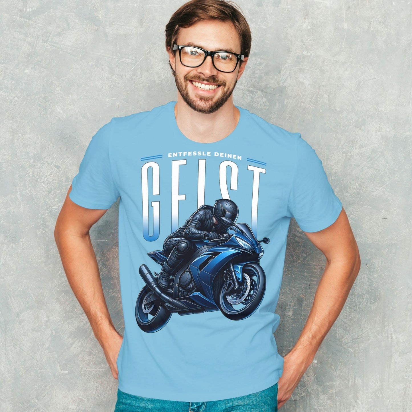 Biker-Shirt mit blauem Motorrad - Entfessle deinen Geist - Premium Shirt