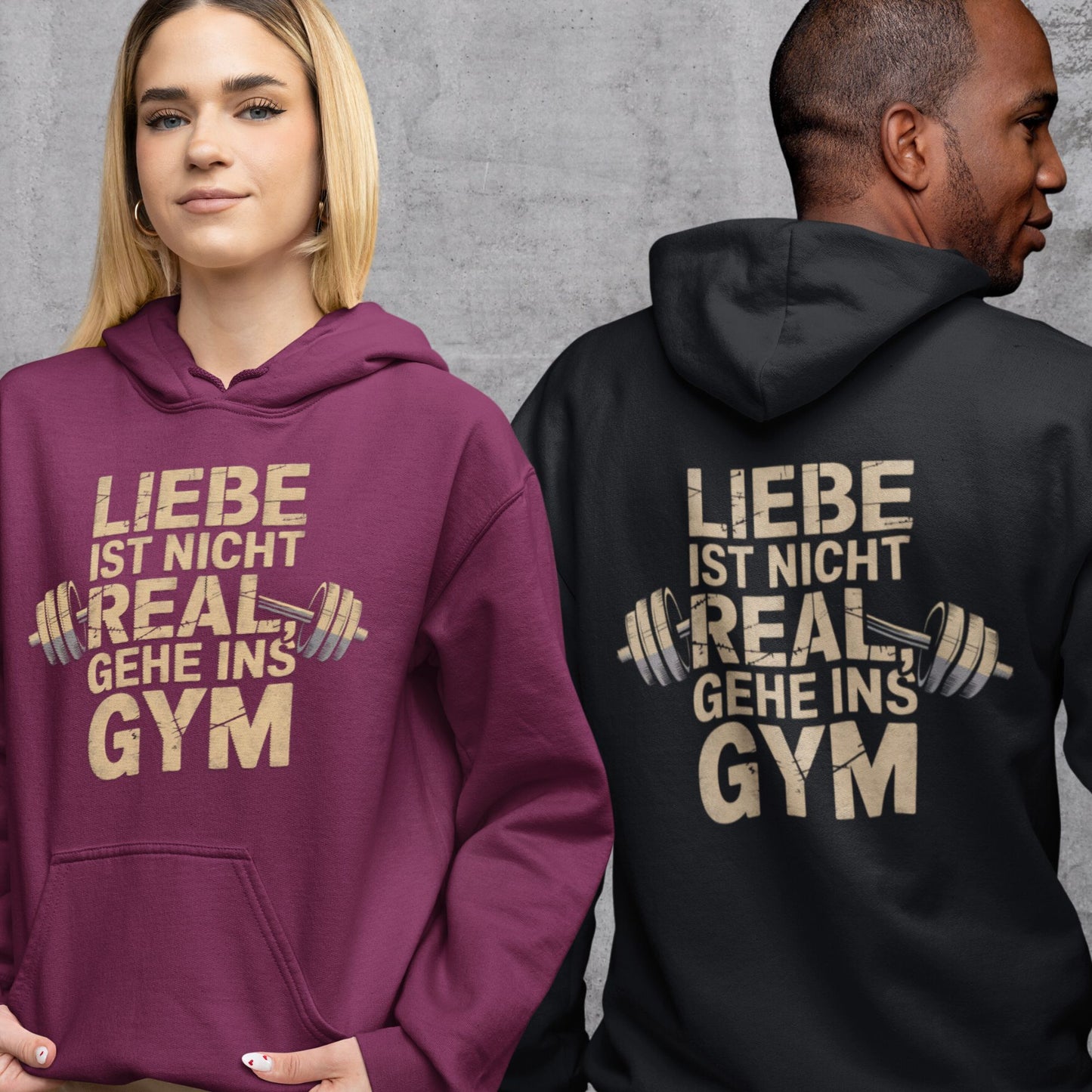 Hoodie mit Hantel-Motiv und Spruch 'Liebe ist nicht real, gehe ins Gym' - Gym Lover's Fashion - Premium Unisex Hoodie