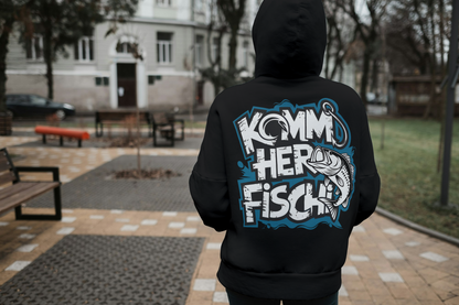 Beidseitig Bedruckter Hoodie - Anglerbekleidung mit Fischmotiv und Spruch: 'Komm her Fischi'  - Premium Unisex Hoodie