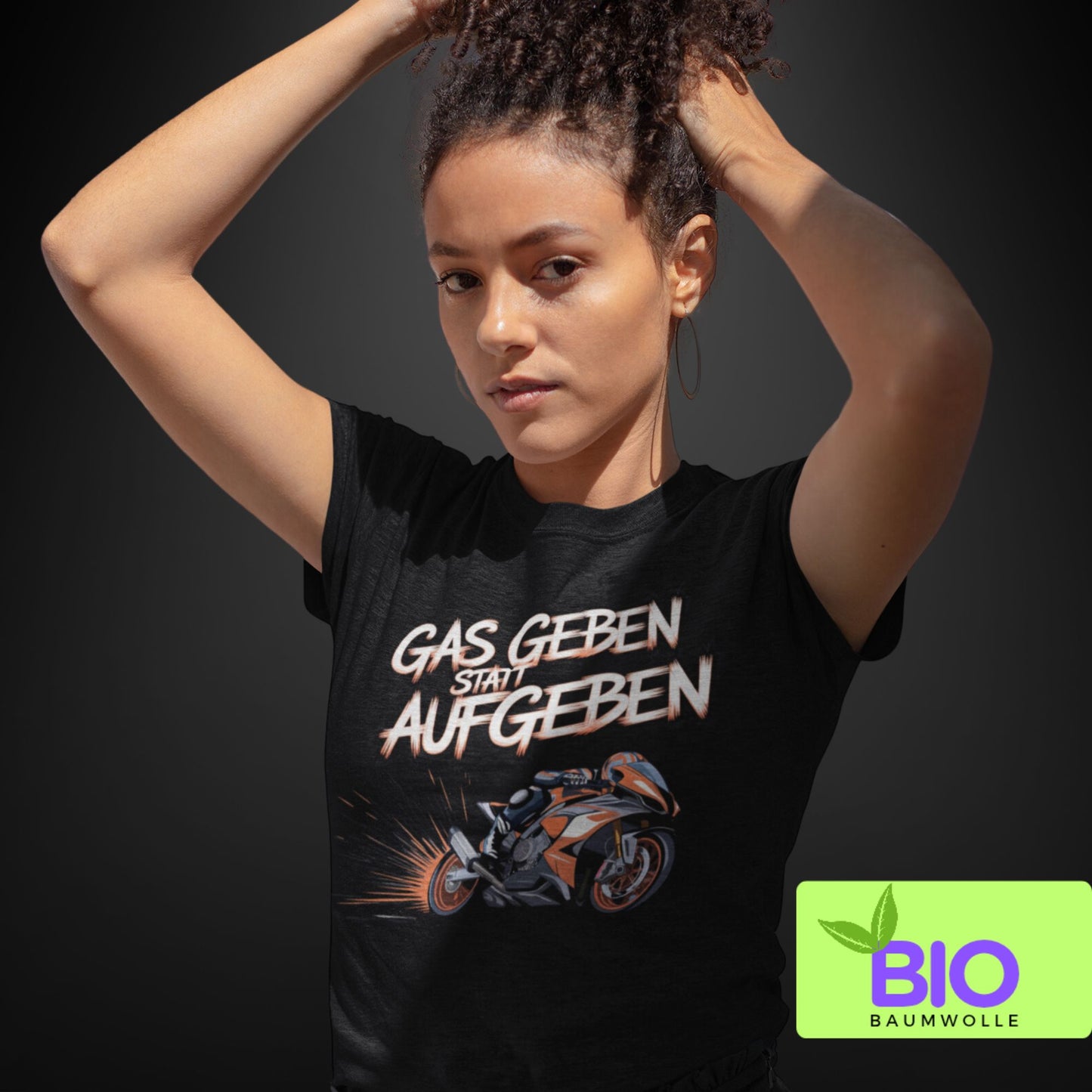 Bio T-Shirt "Gas geben statt aufgeben" mit rotem Motorraddesign - Organic Shirt