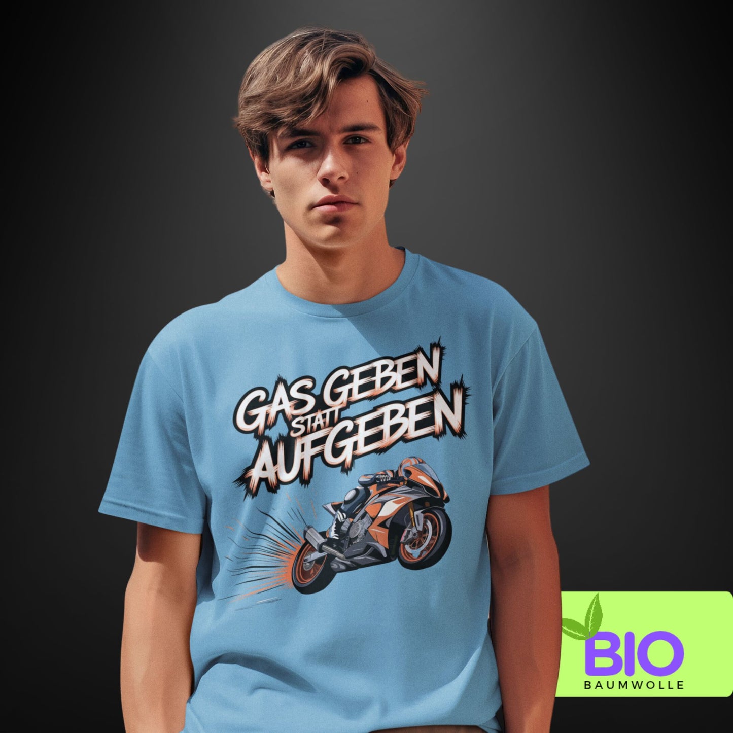 Bio T-Shirt "Gas geben statt aufgeben" mit rotem Motorraddesign - Organic Shirt