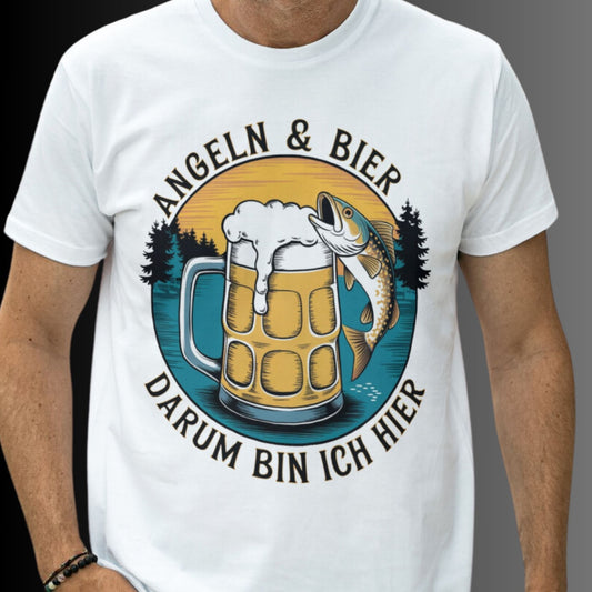 Angeln und Bier, darum bin ich hier T-Shirt – Perfekt für Angler und Genießer - Premium Shirt