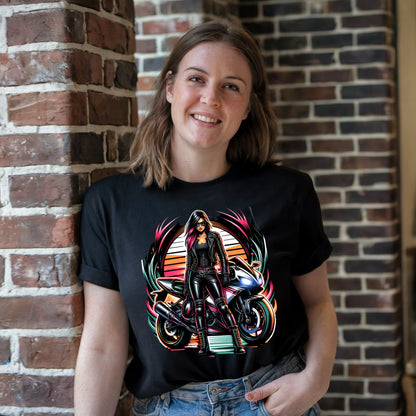 Exklusives T-Shirt mit atemberaubendem Motorraddesign - Frau in Leder vor dem Motorrad - Premium Shirt