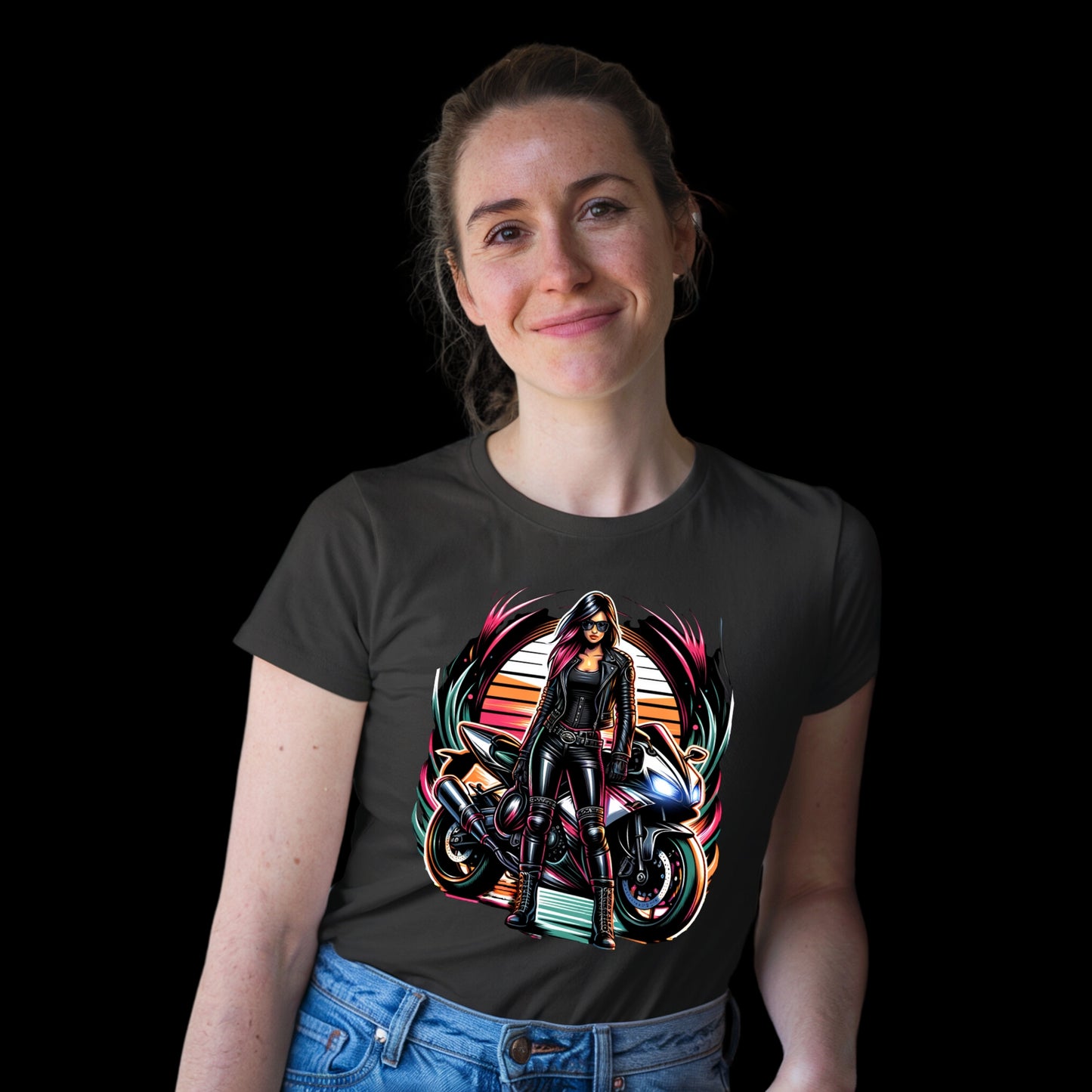 Exklusives T-Shirt mit atemberaubendem Motorraddesign - Frau in Leder vor dem Motorrad - Premium Shirt