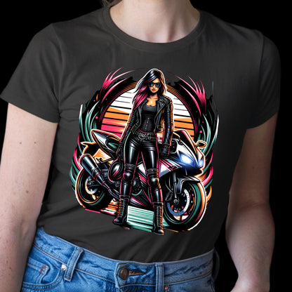 Exklusives T-Shirt mit atemberaubendem Motorraddesign - Frau in Leder vor dem Motorrad - Premium Shirt