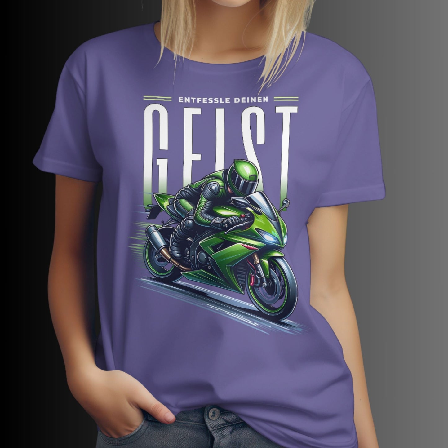 Ladys Premium Shirt - Grünes Motorrad Motiv mit inspirierendem Spruch: 'Entfessle deinen Geist'