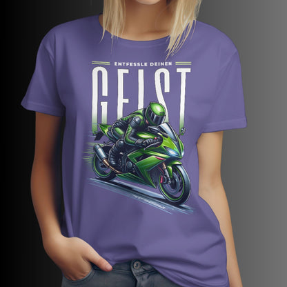 Ladys Premium Shirt - Grünes Motorrad Motiv mit inspirierendem Spruch: 'Entfessle deinen Geist'