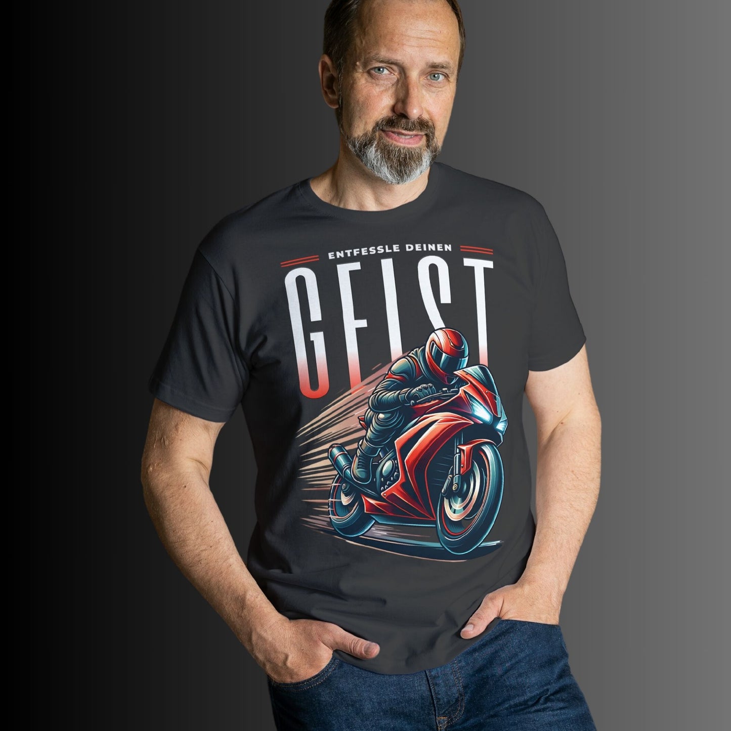 T-Shirt mit rotem Motorrad Motiv - Entfessle deinen Geist | Perfekte Motorradbekleidung für Biker und Motorradfahrer - Premium Shirt