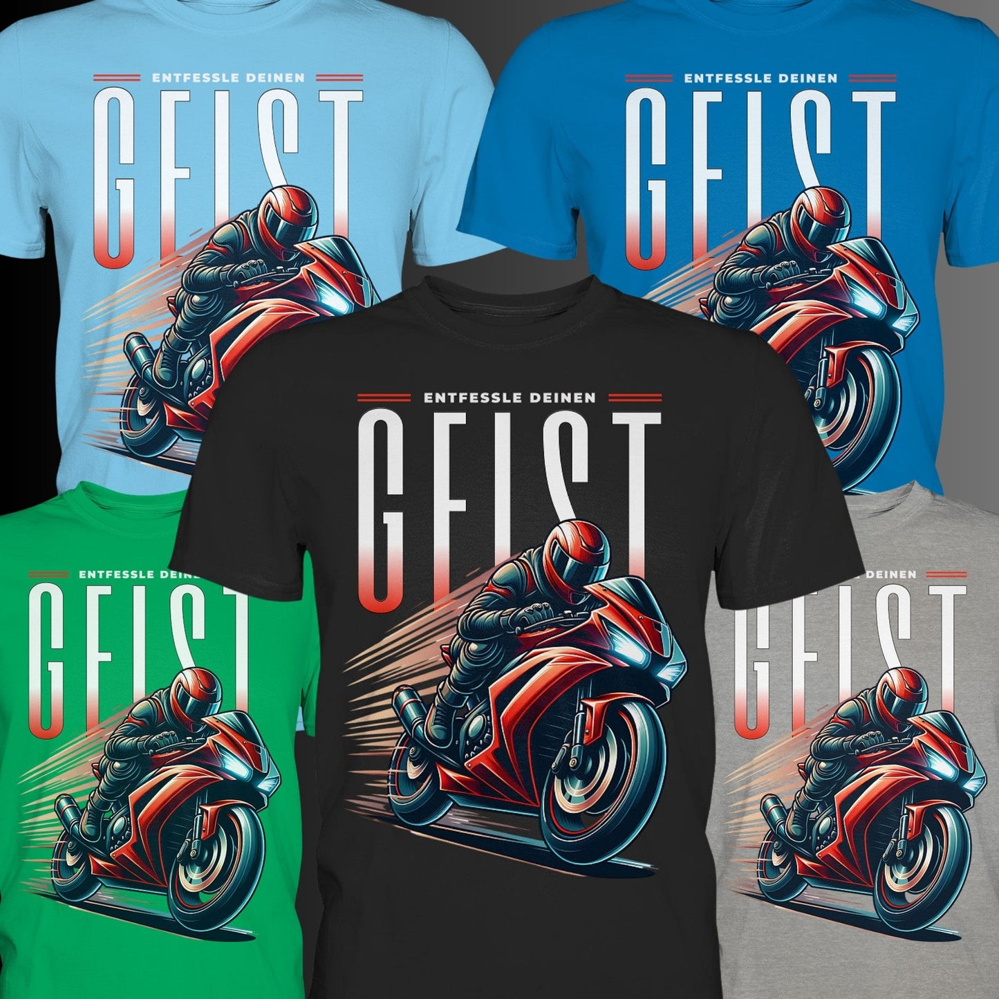 T-Shirt mit rotem Motorrad Motiv - Entfessle deinen Geist | Perfekte Motorradbekleidung für Biker und Motorradfahrer - Premium Shirt