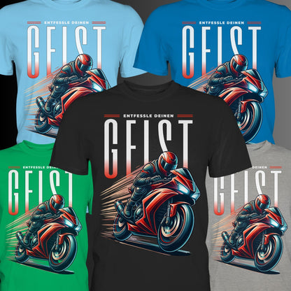 T-Shirt mit rotem Motorrad Motiv - Entfessle deinen Geist | Perfekte Motorradbekleidung für Biker und Motorradfahrer - Premium Shirt