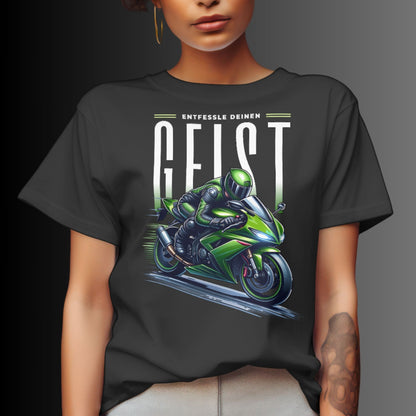 Ladys Premium Shirt - Grünes Motorrad Motiv mit inspirierendem Spruch: 'Entfessle deinen Geist'