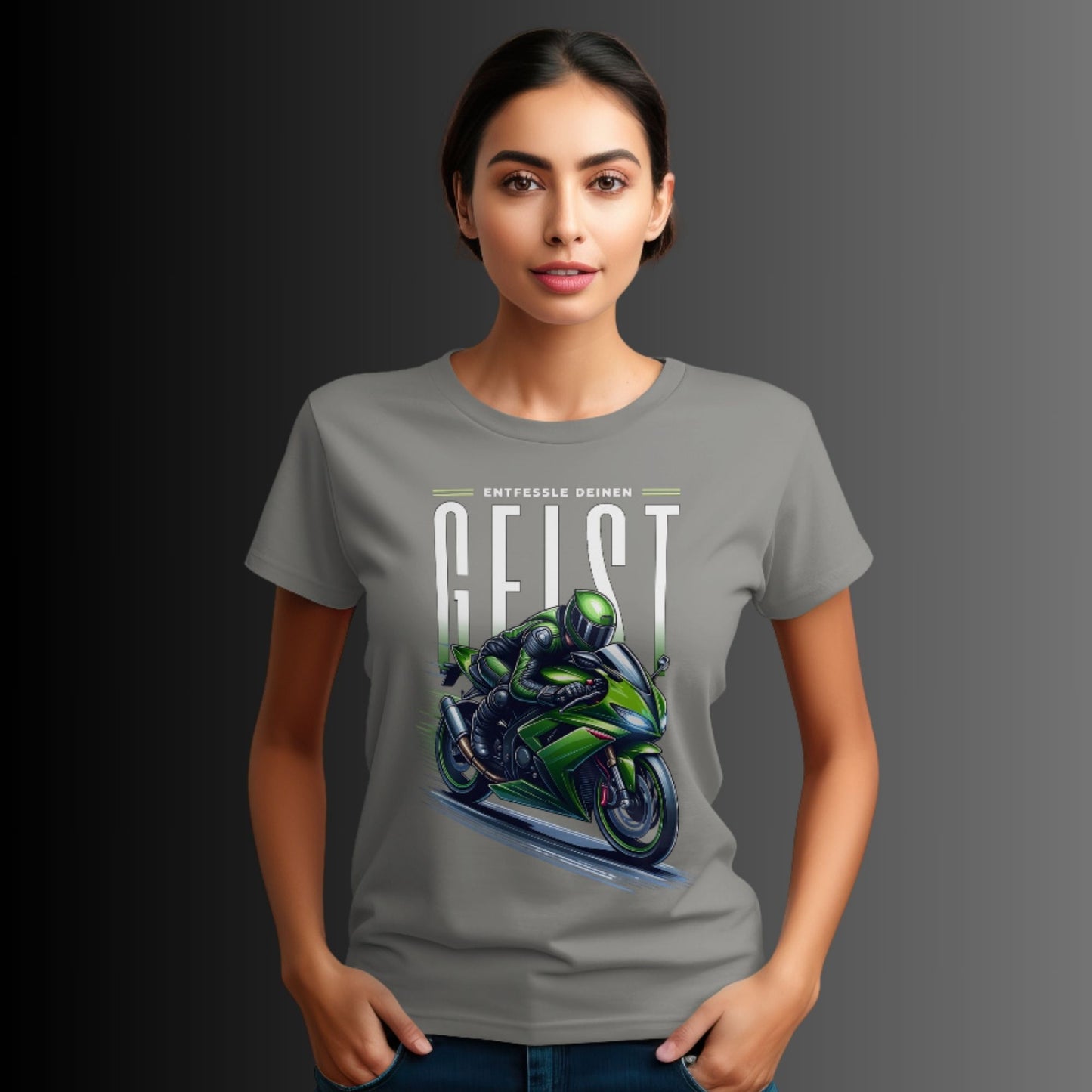 Ladys Premium Shirt - Grünes Motorrad Motiv mit inspirierendem Spruch: 'Entfessle deinen Geist'