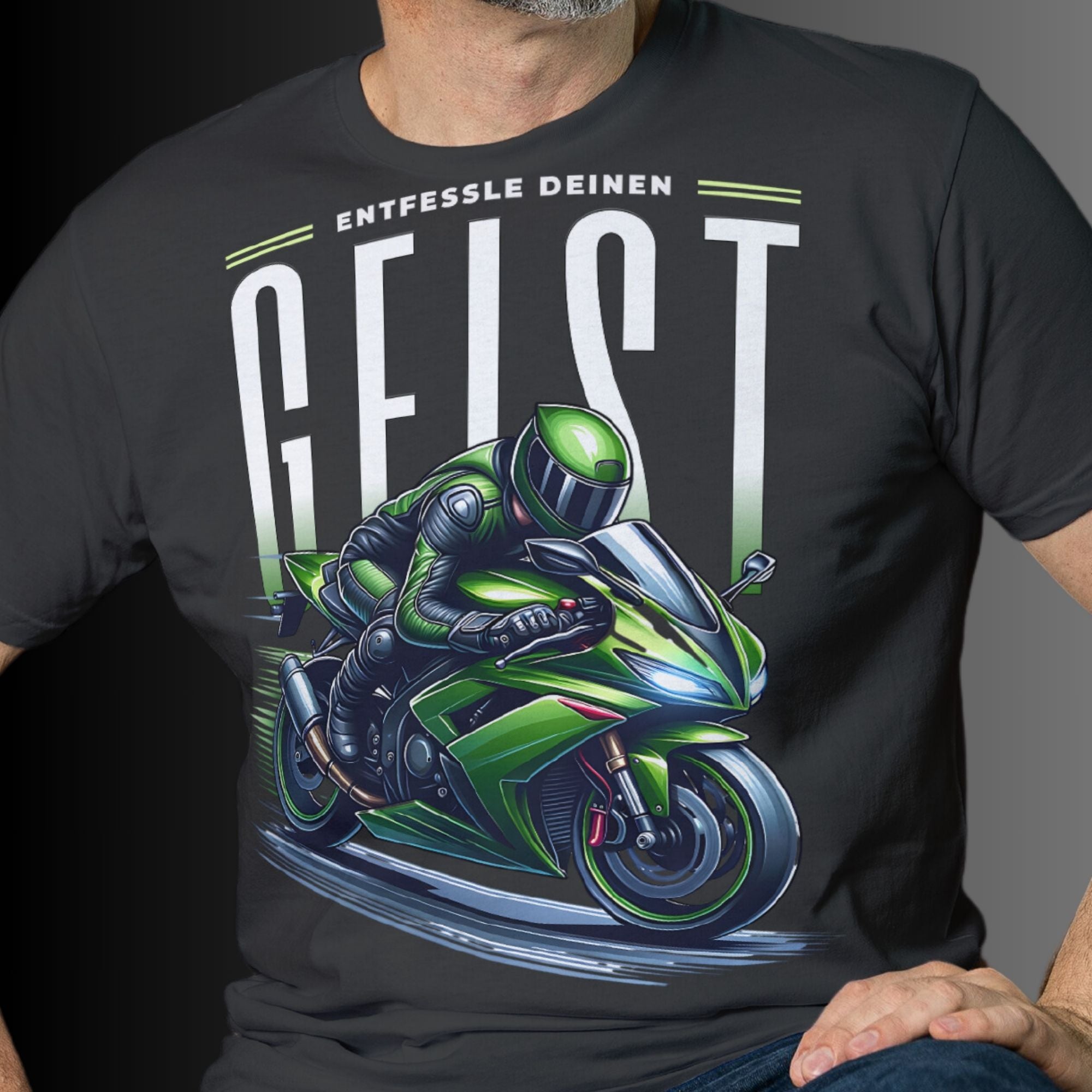 entfessle-deinen-geist-grunes-motorrad-premium-shirt