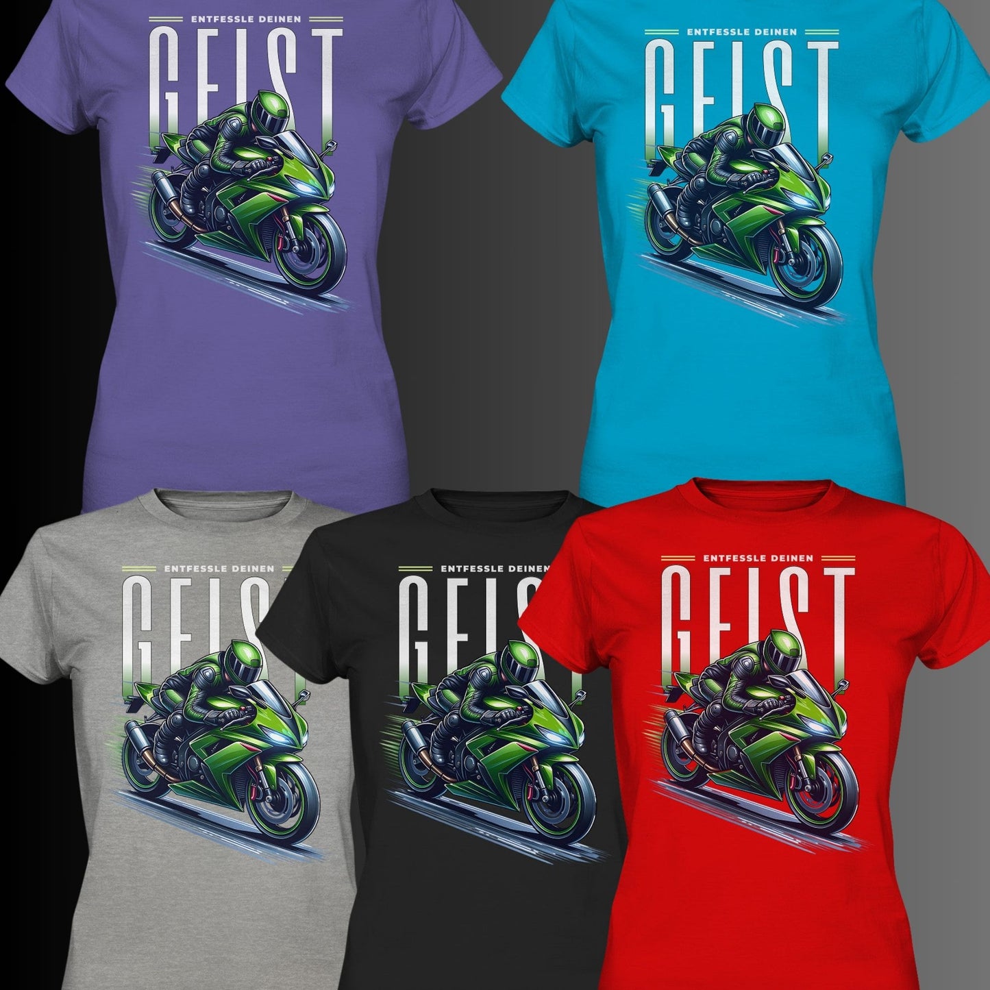 Ladys Premium Shirt - Grünes Motorrad Motiv mit inspirierendem Spruch: 'Entfessle deinen Geist'