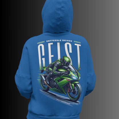 Stylischer Hoodie mit grünem Motorrad-Motiv und inspirierendem Spruch: Entfessle deinen Geist - Premium Unisex Hoodie