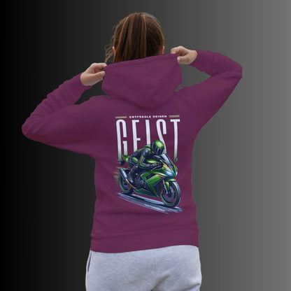 Stylischer Hoodie mit grünem Motorrad-Motiv und inspirierendem Spruch: Entfessle deinen Geist - Premium Unisex Hoodie
