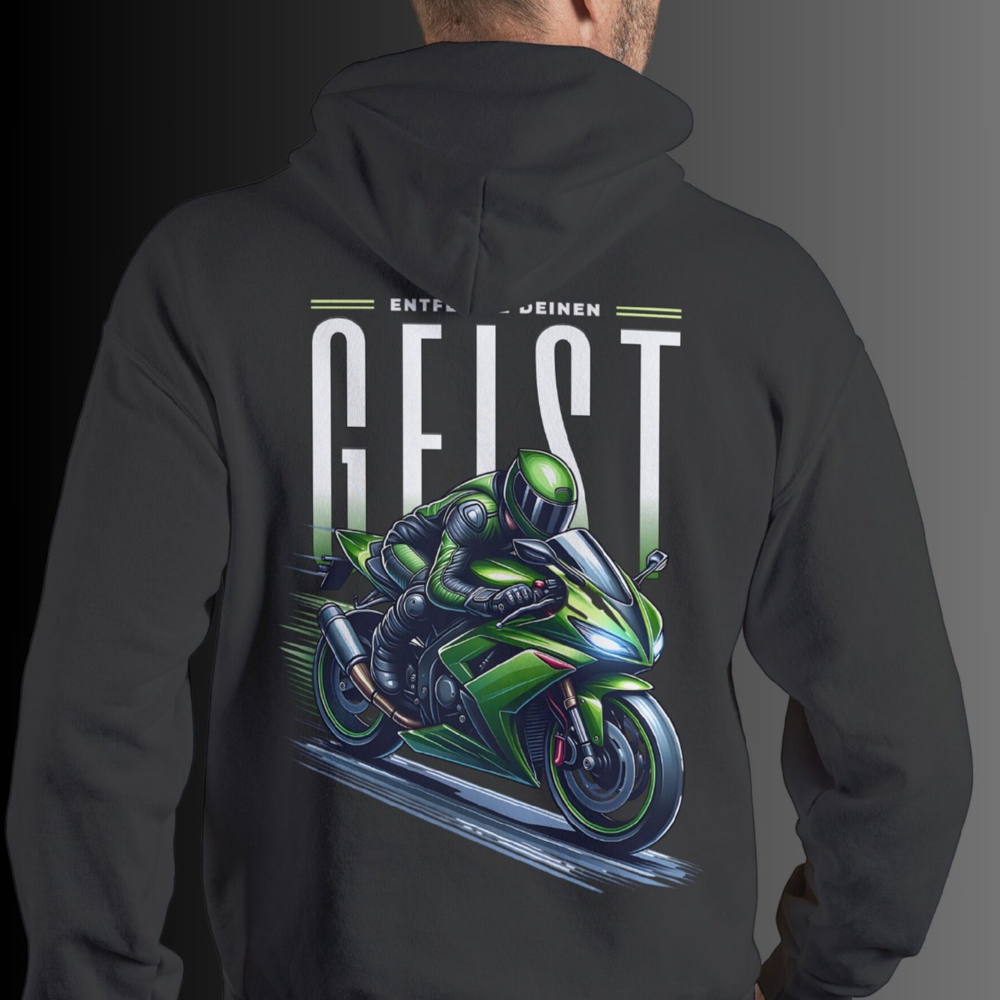 Stylischer Hoodie mit grünem Motorrad-Motiv und inspirierendem Spruch: Entfessle deinen Geist - Premium Unisex Hoodie