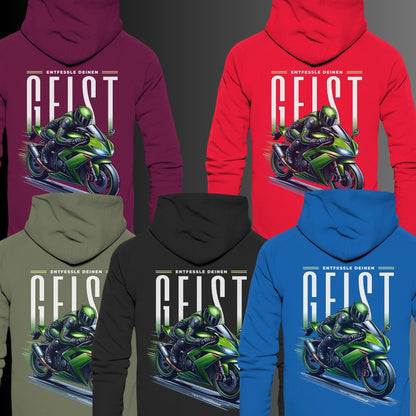 Stylischer Hoodie mit grünem Motorrad-Motiv und inspirierendem Spruch: Entfessle deinen Geist - Premium Unisex Hoodie