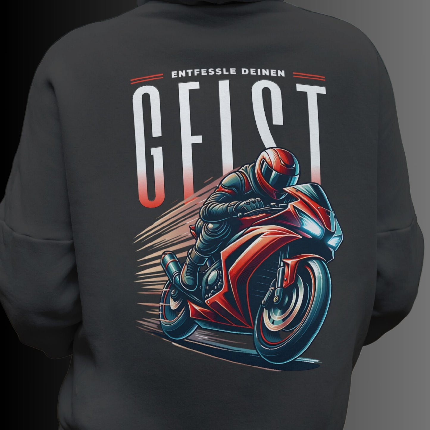 Biker Hoodie mit rotem Motorradmotiv & Spruch 'Entfessle deinen Geist' - Premium Unisex Hoodie