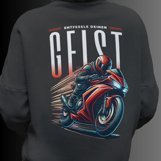 Biker Hoodie mit rotem Motorradmotiv & Spruch 'Entfessle deinen Geist' - Premium Unisex Hoodie