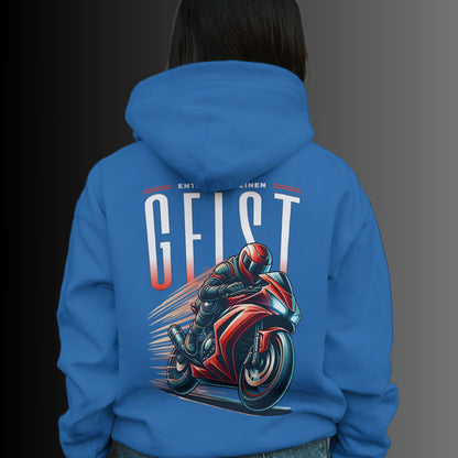 Biker Hoodie mit rotem Motorradmotiv & Spruch 'Entfessle deinen Geist' - Premium Unisex Hoodie