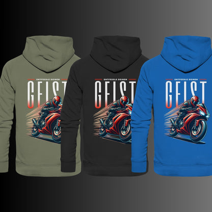 Biker Hoodie mit rotem Motorradmotiv & Spruch 'Entfessle deinen Geist' - Premium Unisex Hoodie