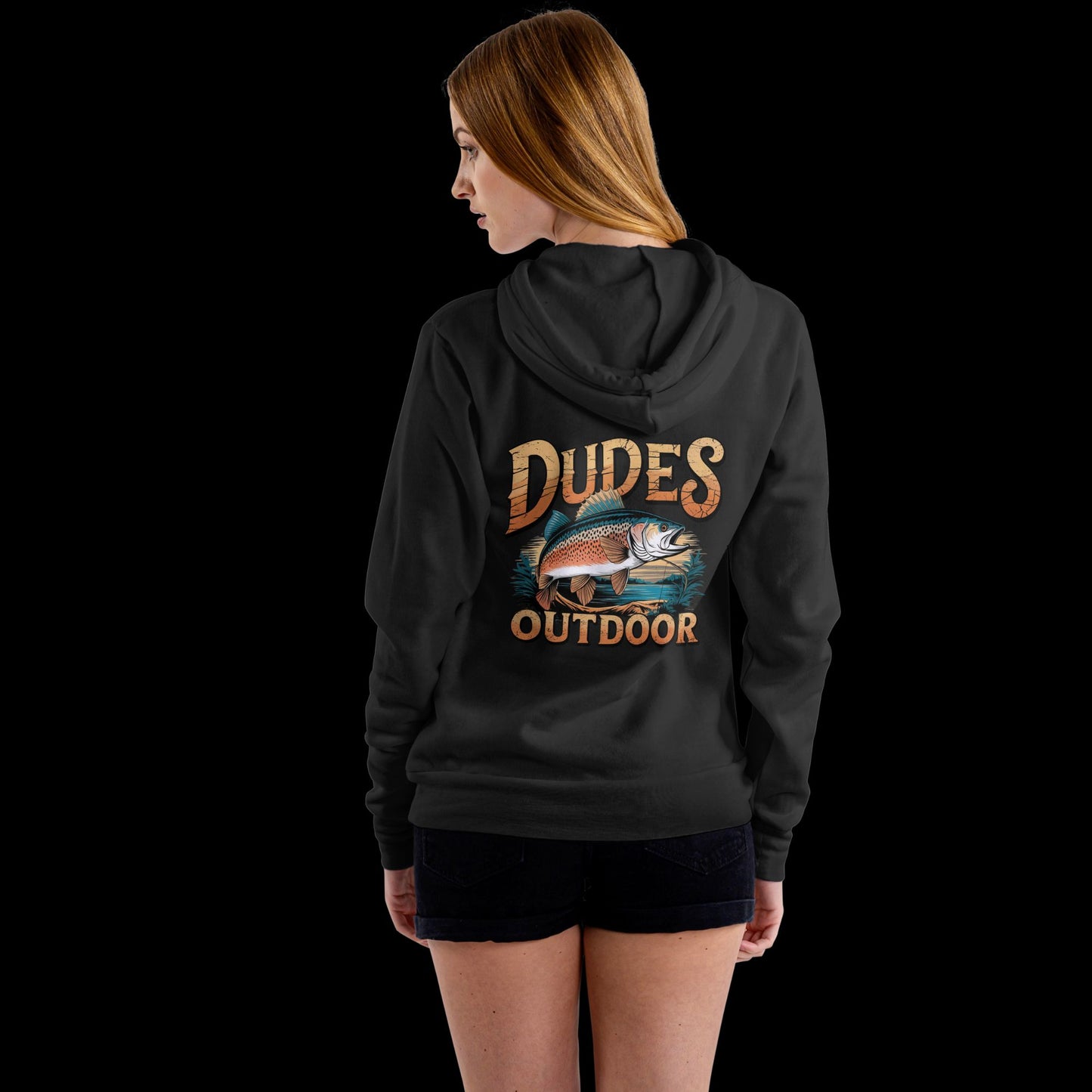 Exklusiver 'Dudes Outdoor' Hoodie – Fischmotiv & cooler Schriftzug, beidseitig bedruckt - Premium Unisex Hoodie